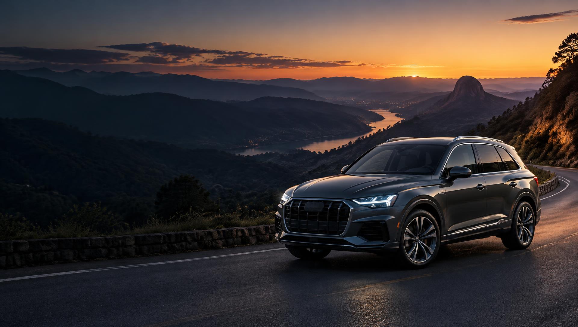 SUV moderno em uma estrada ao pôr do sol